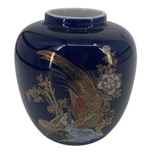 VTG Porcelain Ginger Jar Cobalt Blue With Gold Cloisonne Floral and Bird 5" Tall